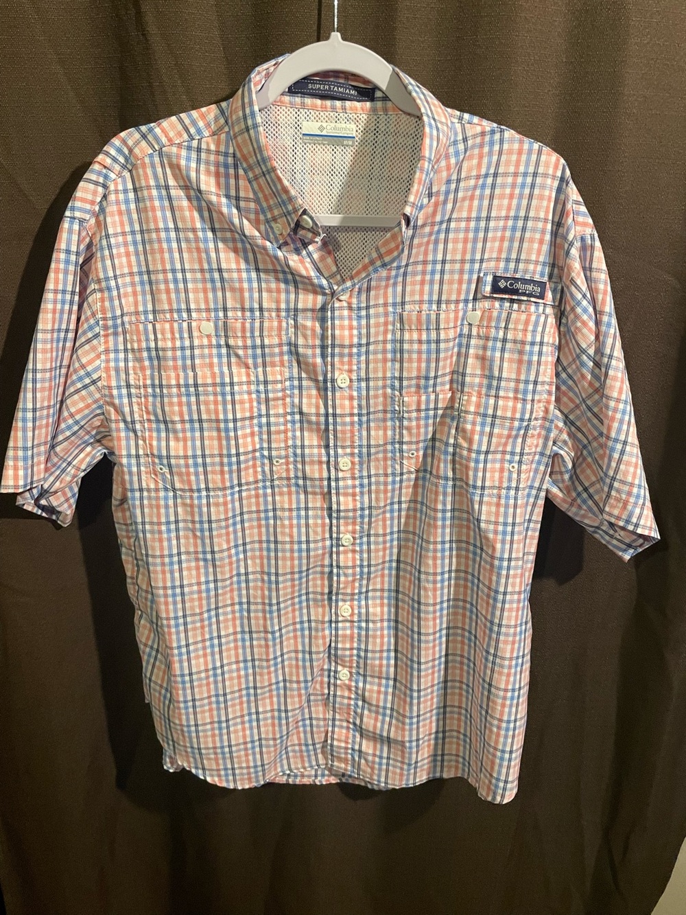 Columbia Men’s Short-Sleeve Plaid Button-Down Shirt - Blue & Orange & White